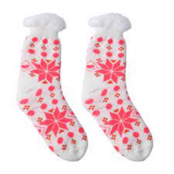 Set of 2 Pairs White and Fuchsia Snowflake Pattern with Inside Sherpa - Picture 3 of 12